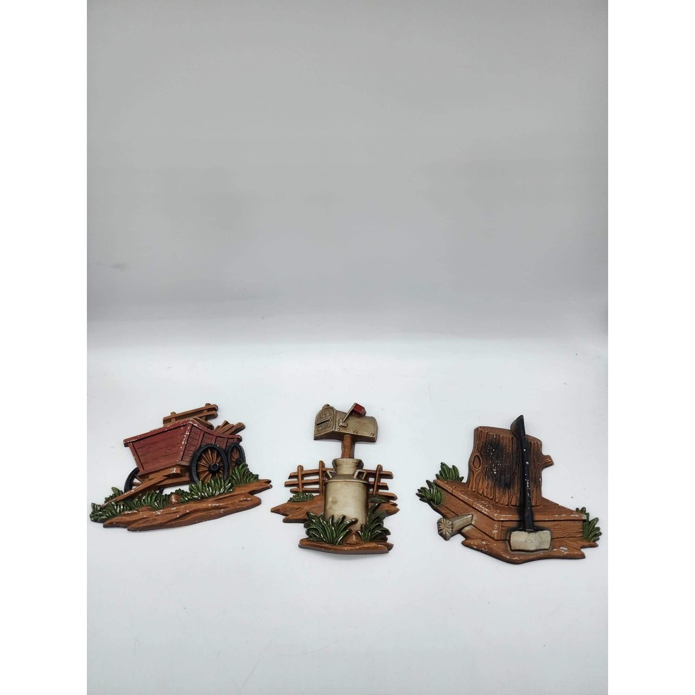 Vintage Homco Rustic Farm Wall Plaques Set of 3 Wagon Mailbox Axe Wood Stump